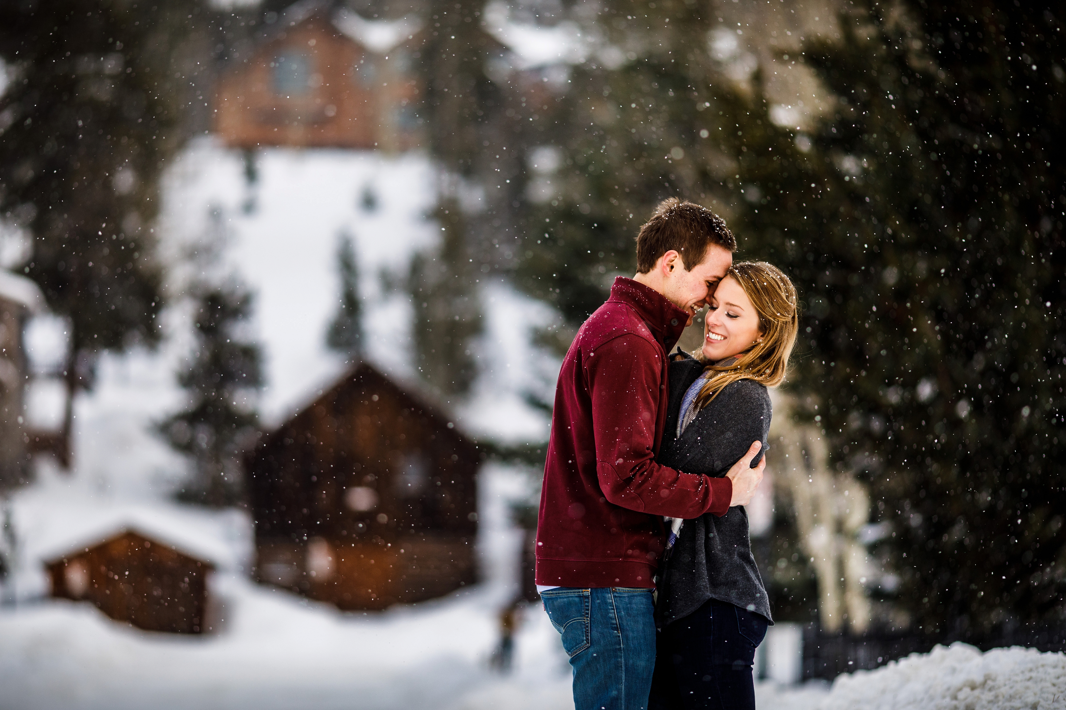 Winter engagement photo taken on French Street in downtown Breckenridge, CO