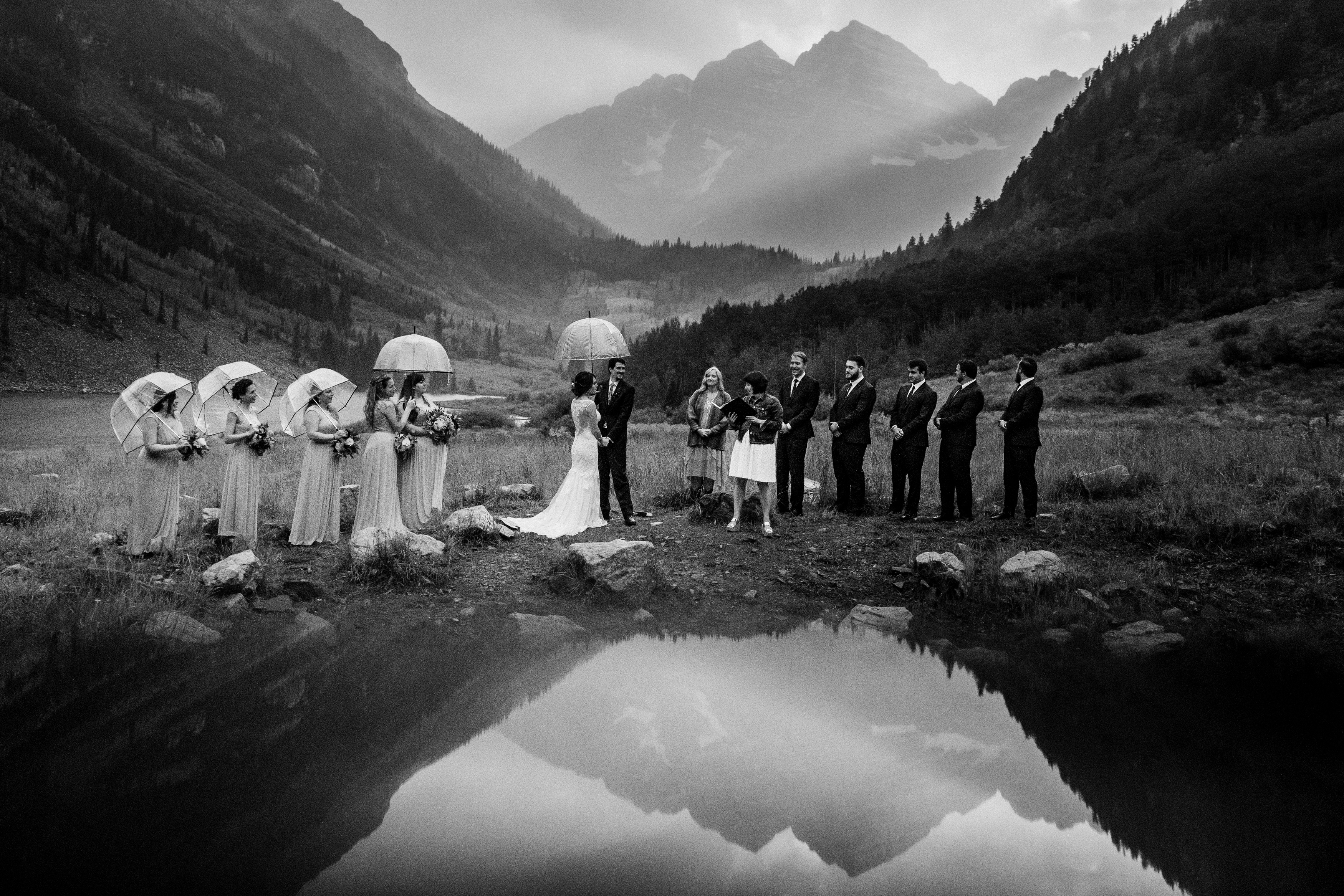 A wedding ceremony at the Maroon Bells Amphitheatre in Aspen, CO.