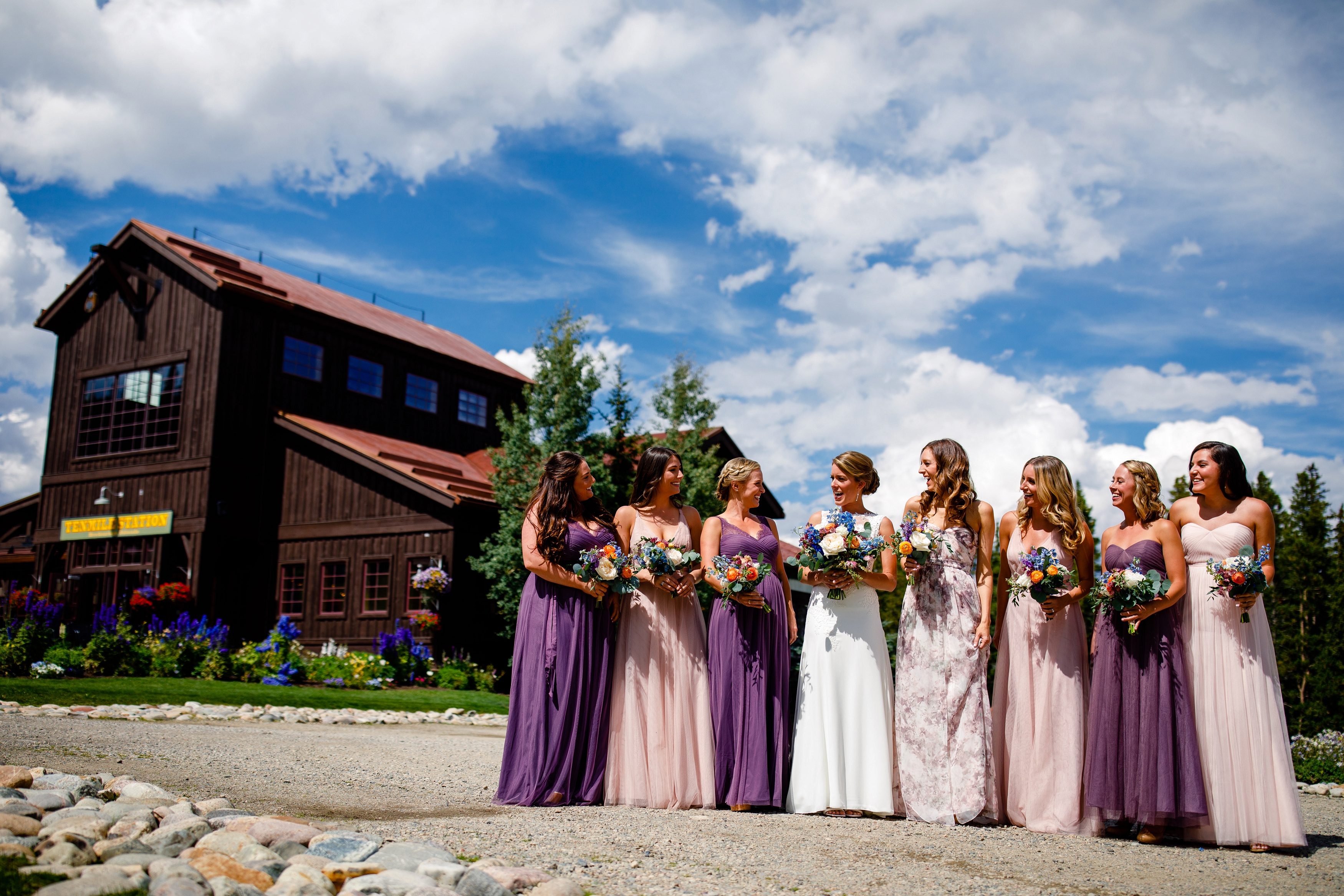 Bridesmaids and their beautiful bouquets at TenMile Station before Lauren & Nicks Breckenridge Wedding