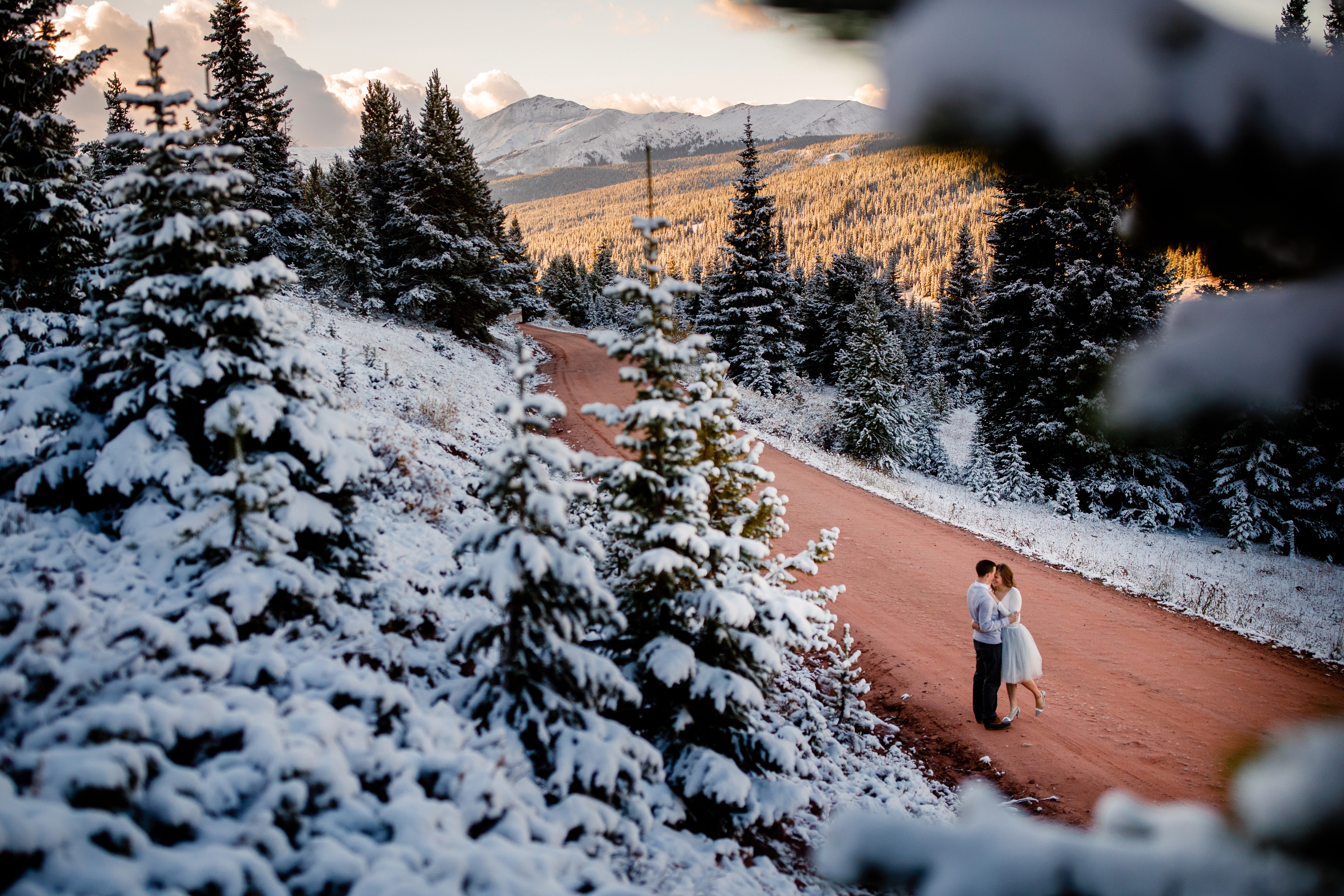 Jake & Jessica on the road up to the top of Shrine Pass for their Vale Pass Engagement.