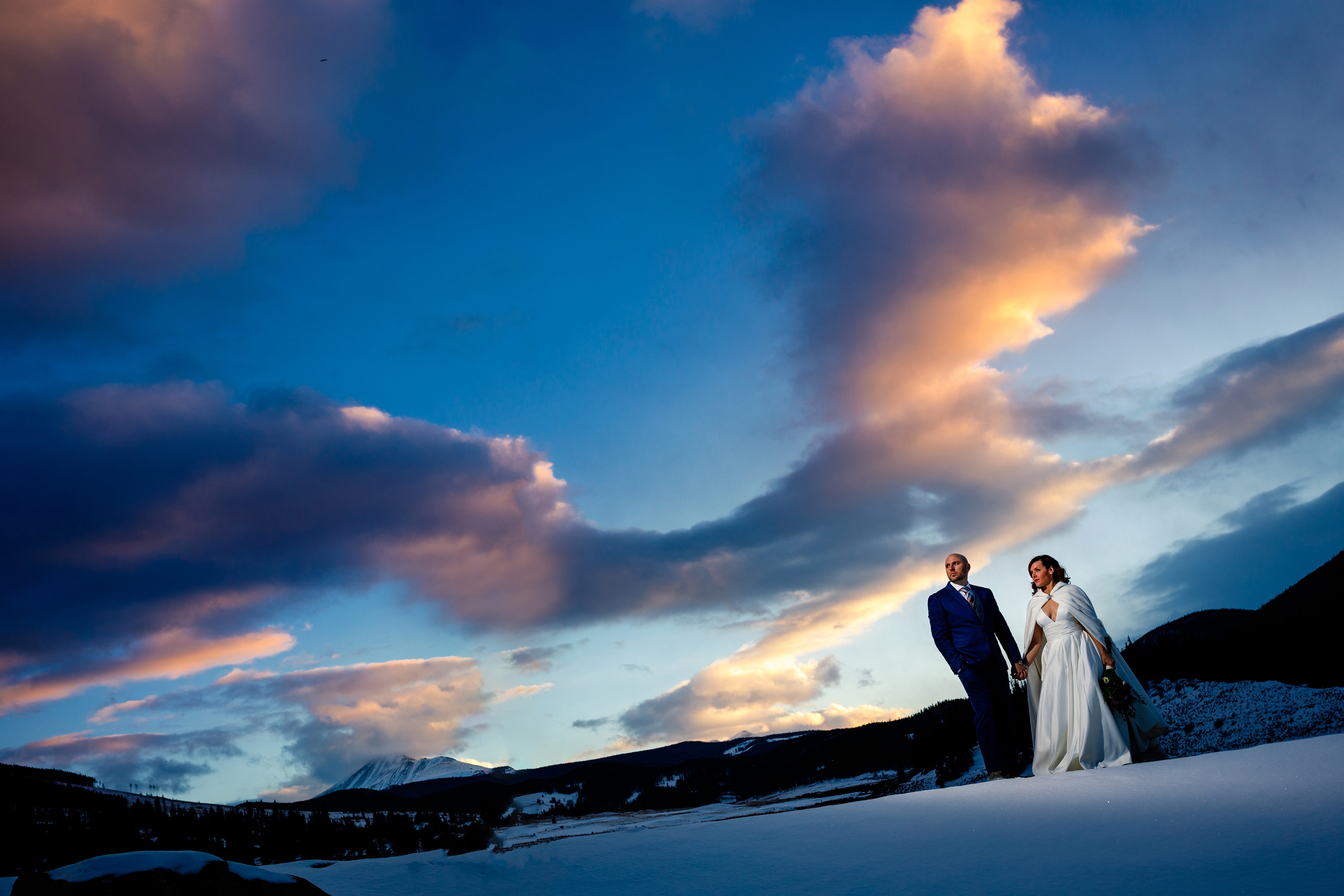 A beautiful winter sunset wedding portrait for Rachel & Scott at Keystone Ranch.