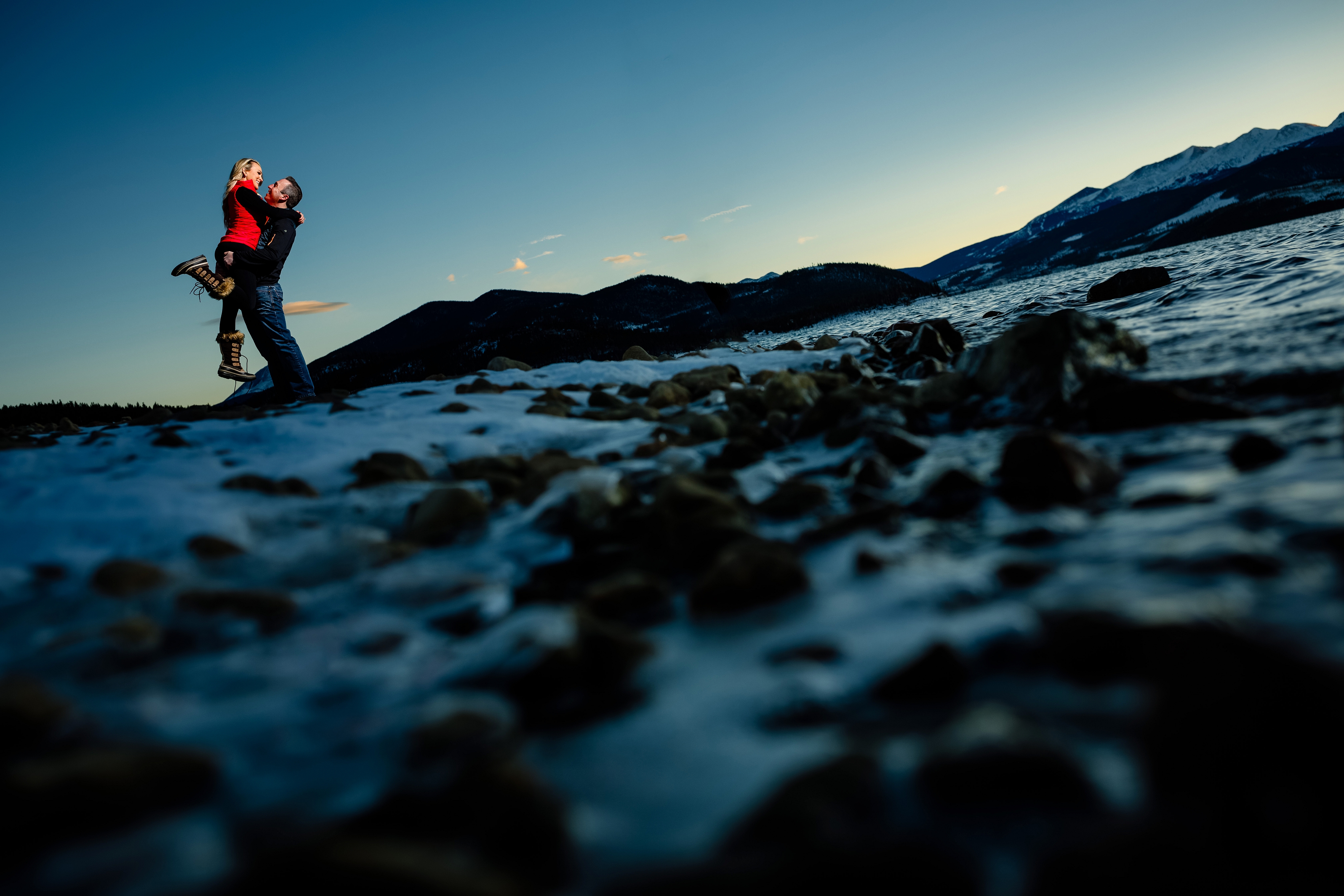 Sunset engagement photo on Dillon Reservoir. 