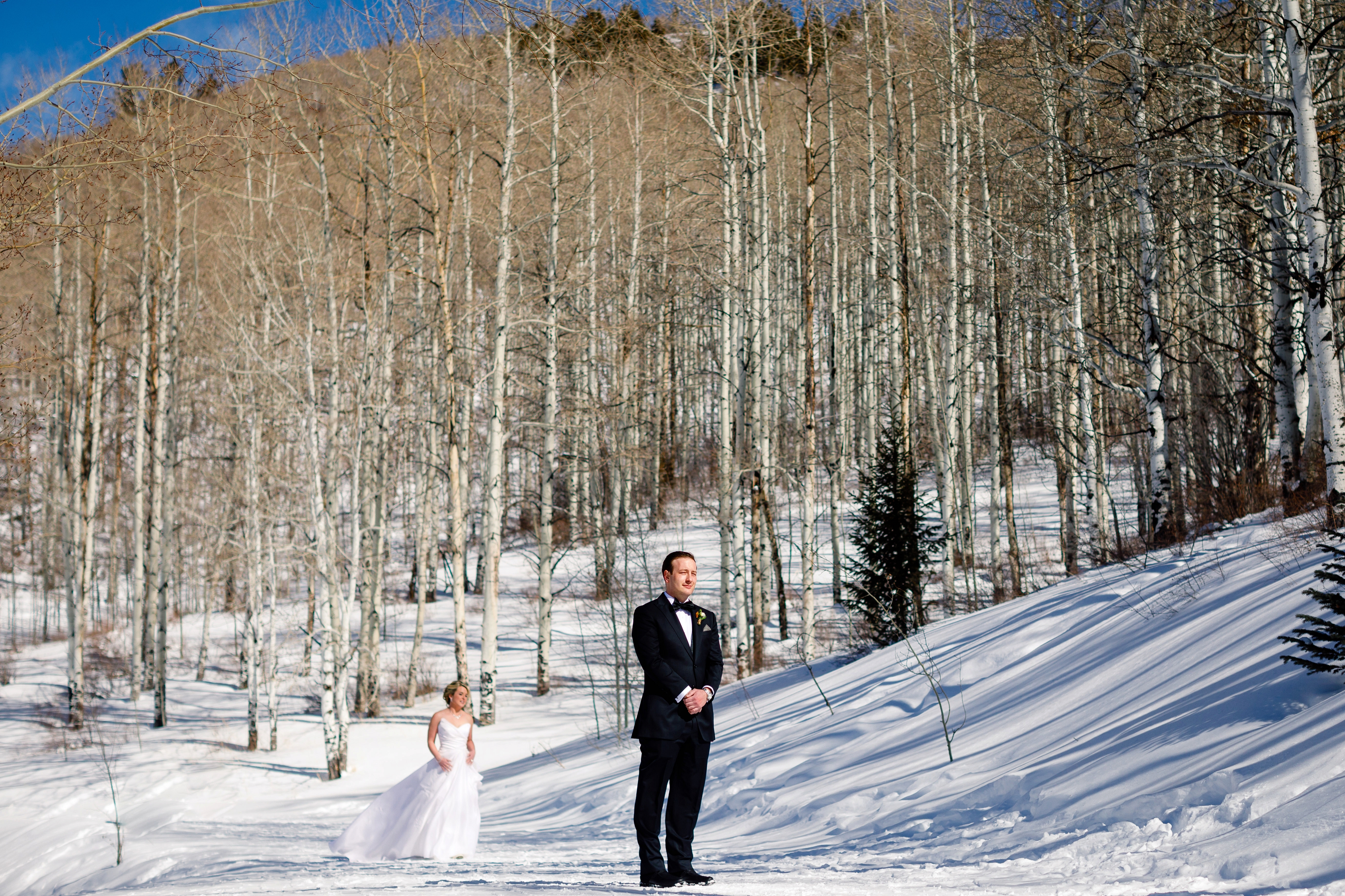 Bride & groom see each other on a trail out back of Saddleridge before their big wedding day.